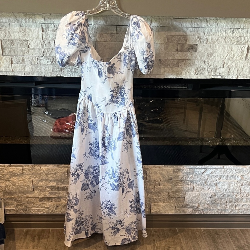 Reformation Davila Linen Blue Floral Dress Size 2